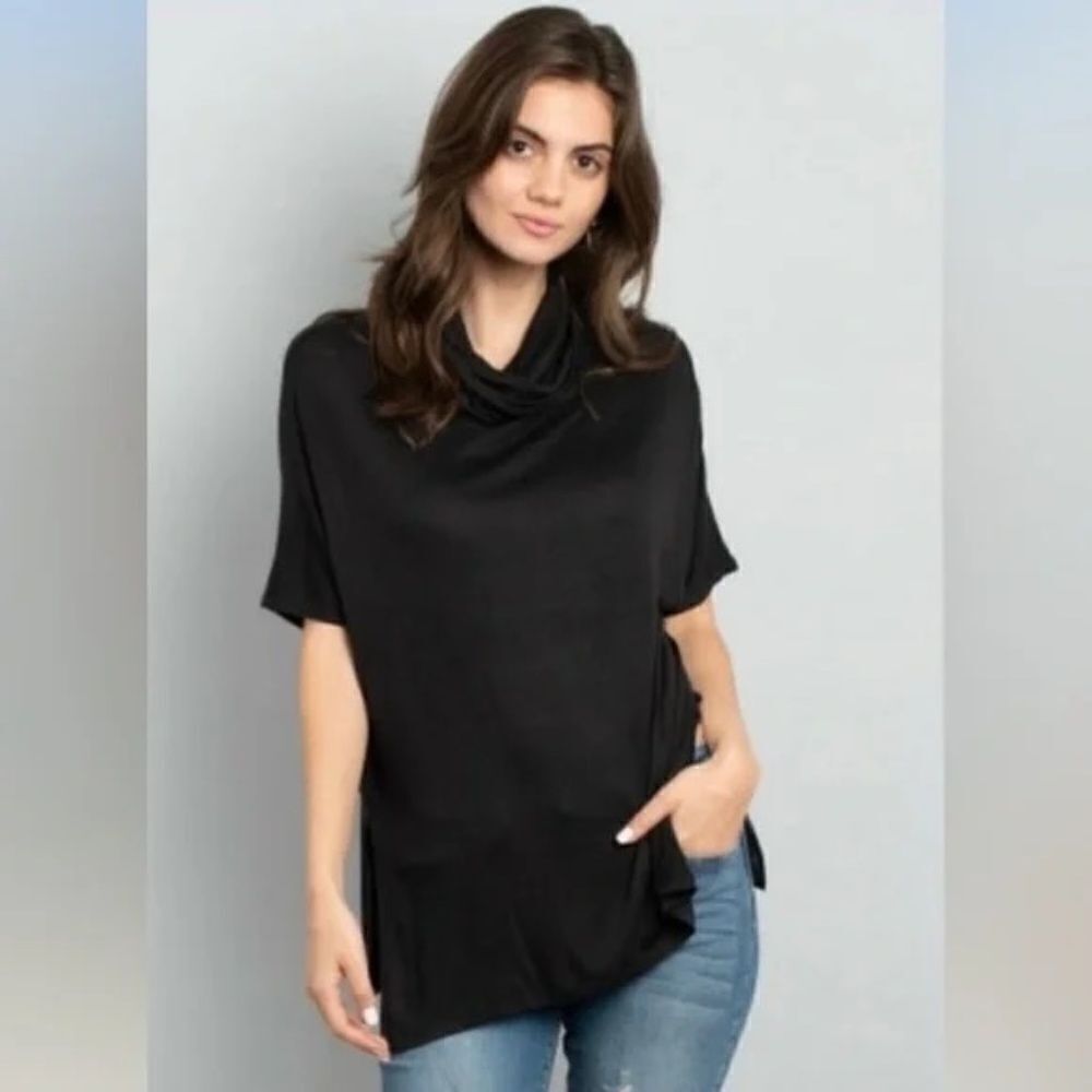 Cowl Neck Short Sleeve Top Black Oversized